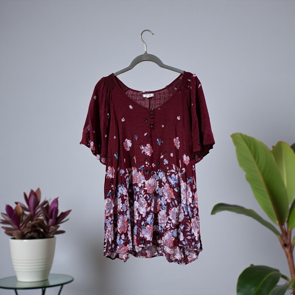 Maurices Deep Red Floral Pattern Blouse